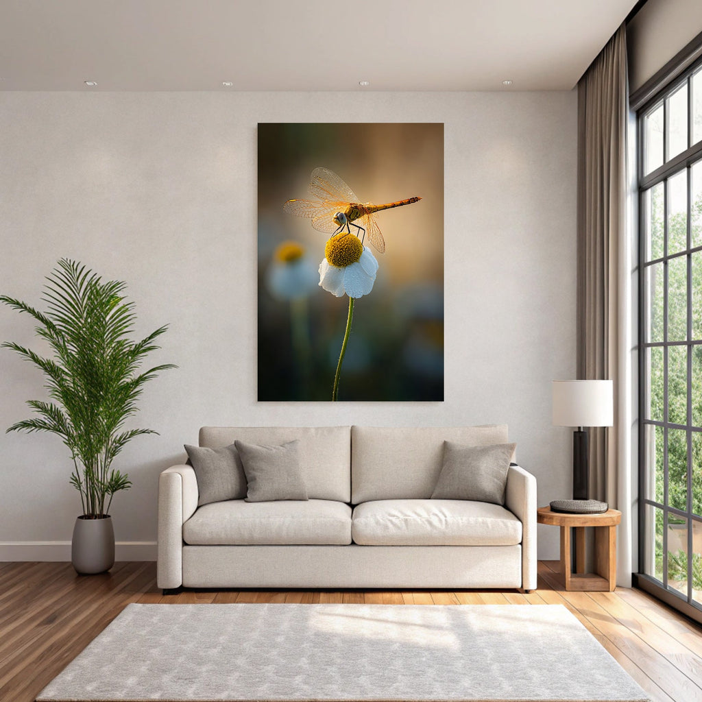 Libelle Auf Weisser Blume Mit Gelben Blütenkern Und Tropfen