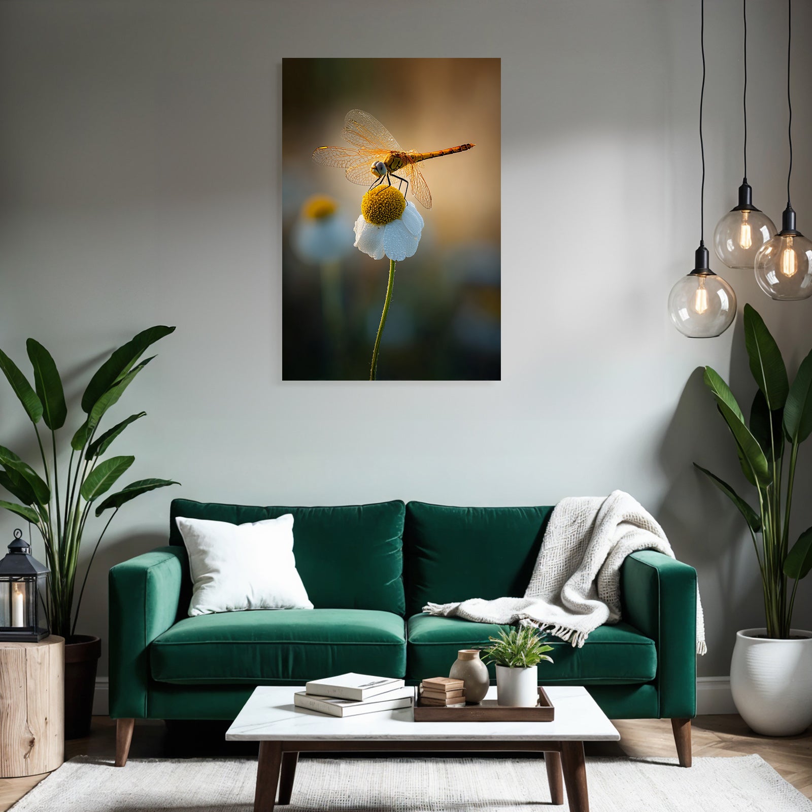Libelle Auf Weisser Blume Mit Gelben Blütenkern Und Tropfen