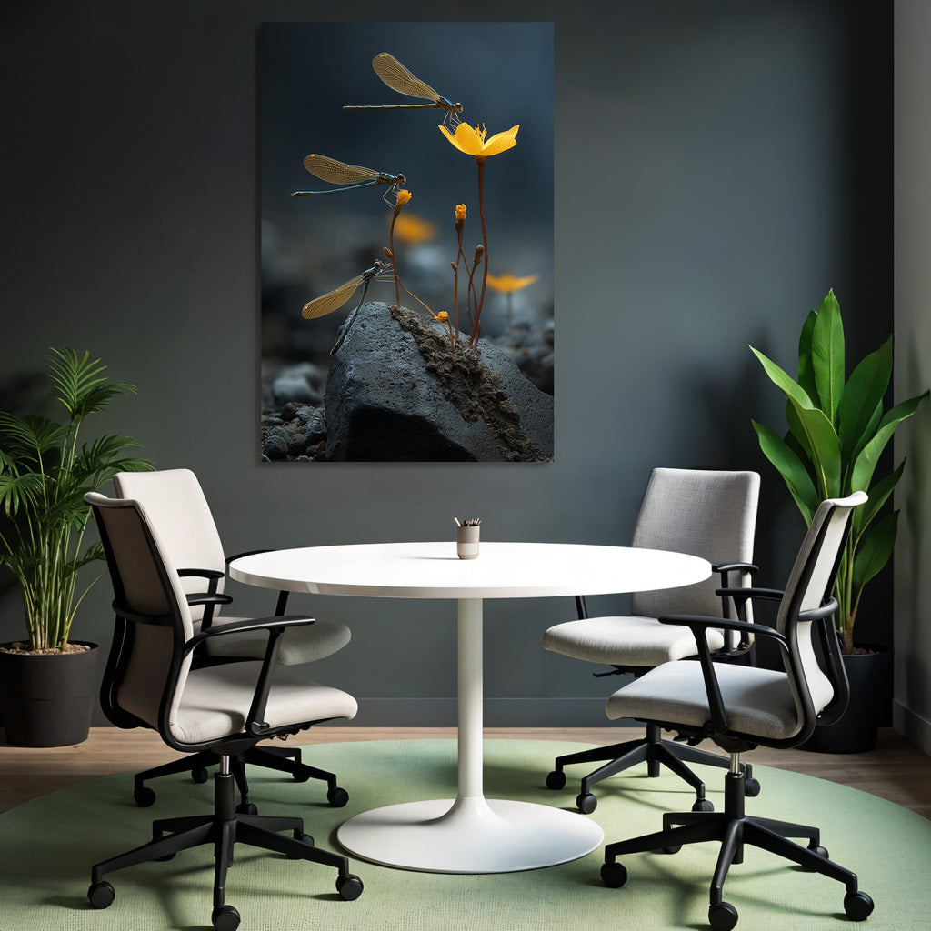 Libellen Auf Zarten Gelben Blumen Auf Einem Felsen