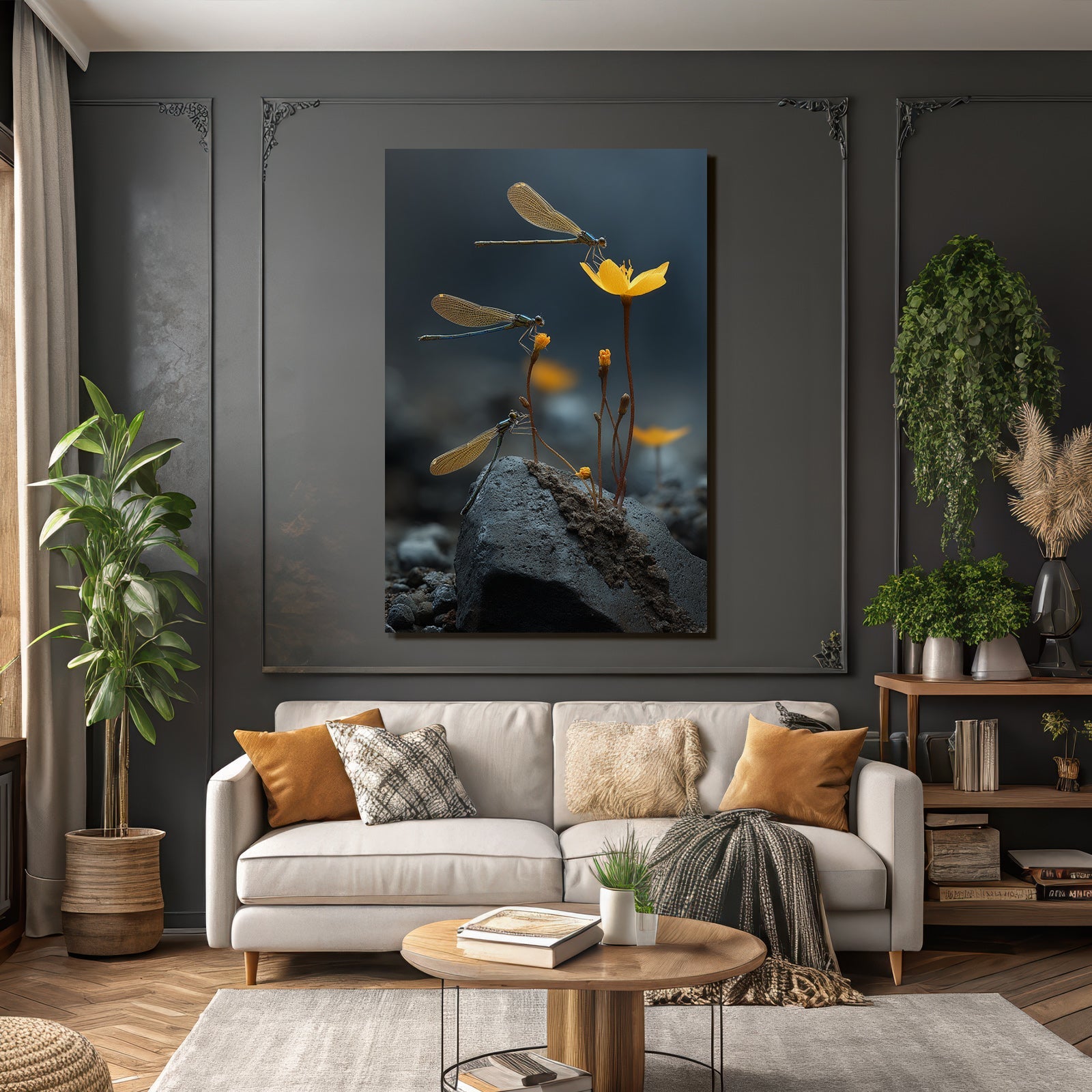 Libellen Auf Zarten Gelben Blumen Auf Einem Felsen