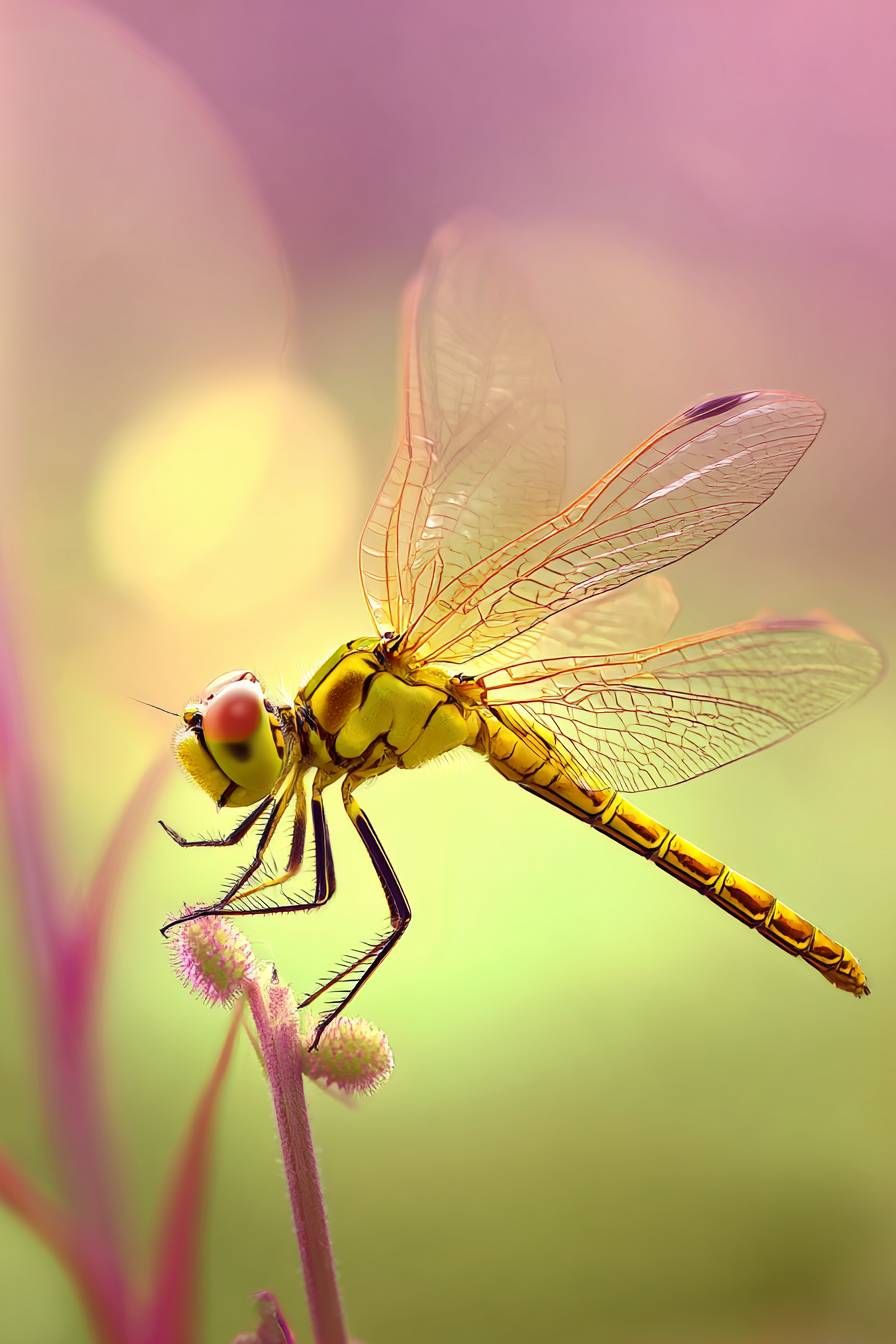 Nahaufnahme Einer Gelben Libelle Auf Einer Zarten Pflanze Im Verschwommenen Pastellhintergrund | Insekten und Amphibien | Tiere