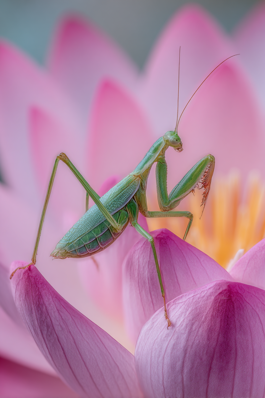 Nahaufnahme Einer Grünen Gottesanbeterin Auf Einer Rosafarbenen Lotusblume | Insekten und Amphibien | Tiere