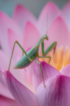 Nahaufnahme Einer Grünen Gottesanbeterin Auf Einer Rosafarbenen Lotusblume | Insekten und Amphibien | Tiere