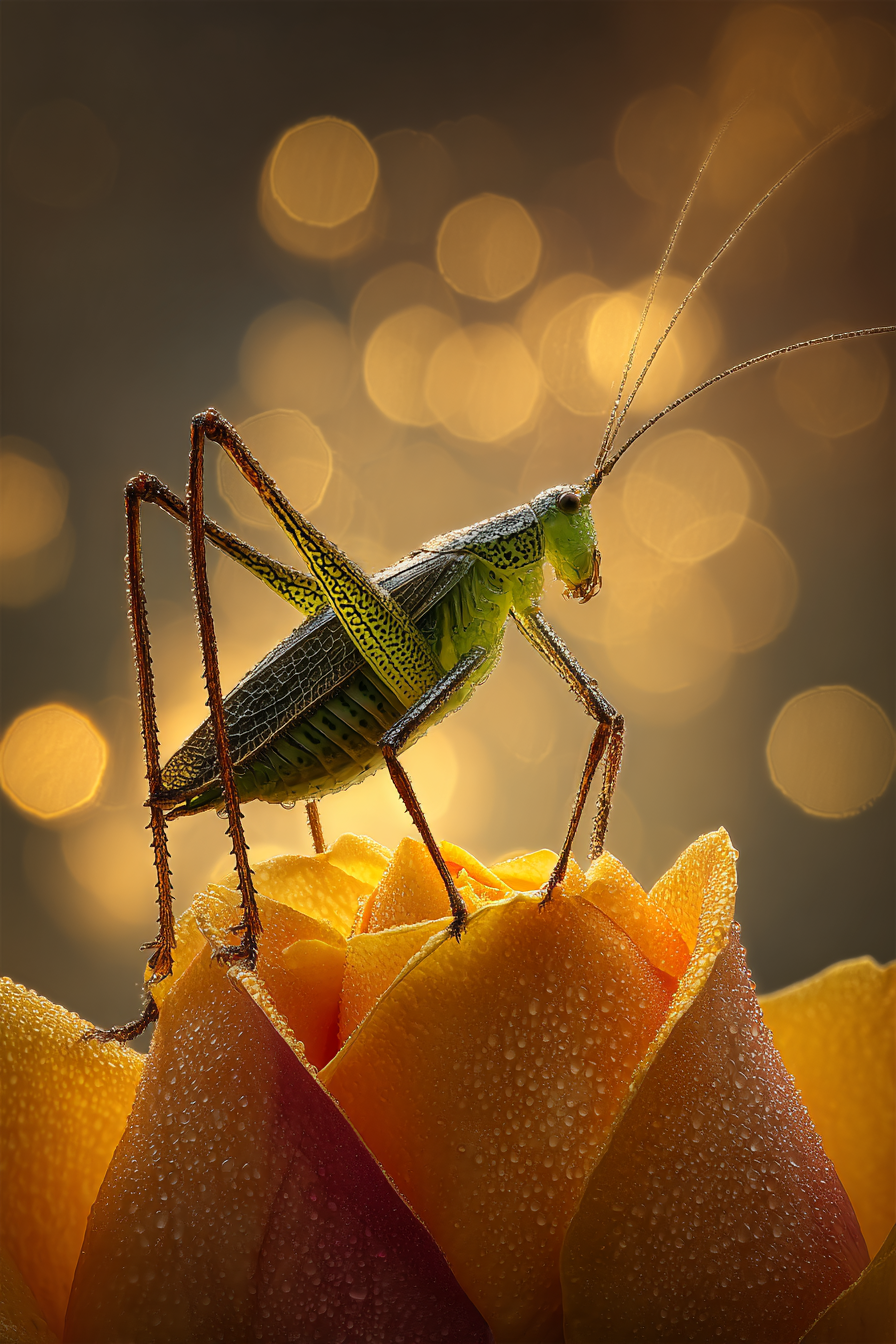 Nahaufnahme Einer Heuschrecke Auf Einer Rose Mit Wassertropfen Und Bokeh Hintergrund | Insekten und Amphibien | Tiere