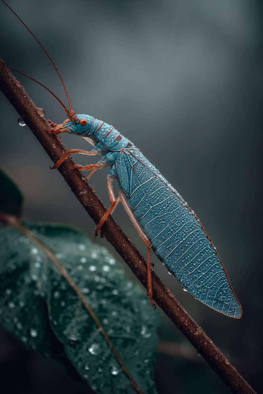 Nahaufnahme Einer Leuchtend Bunten Heuschrecke Mit Blaün Und Roten Akzenten Im Nachregen | Insekten und Amphibien | Tiere