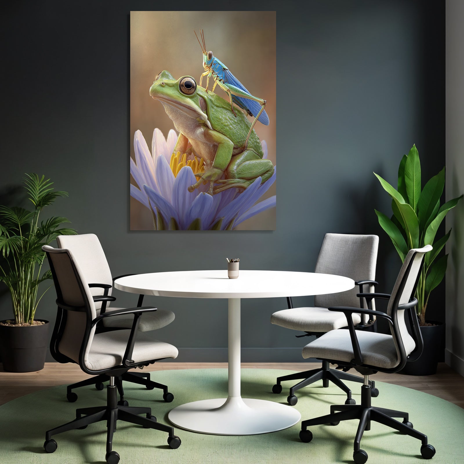 Nahaufnahme Grüner Frosch Mit Blaür Heuschrecke Auf Blume