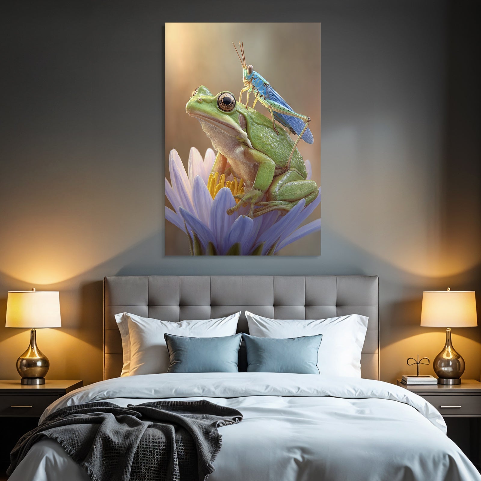Nahaufnahme Grüner Frosch Mit Blaür Heuschrecke Auf Blume