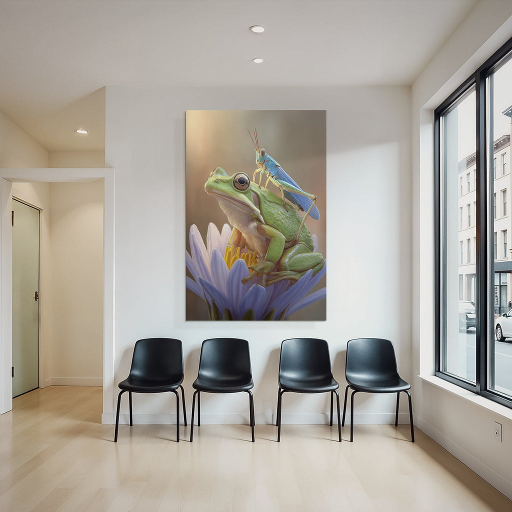 Nahaufnahme Grüner Frosch Mit Blaür Heuschrecke Auf Blume