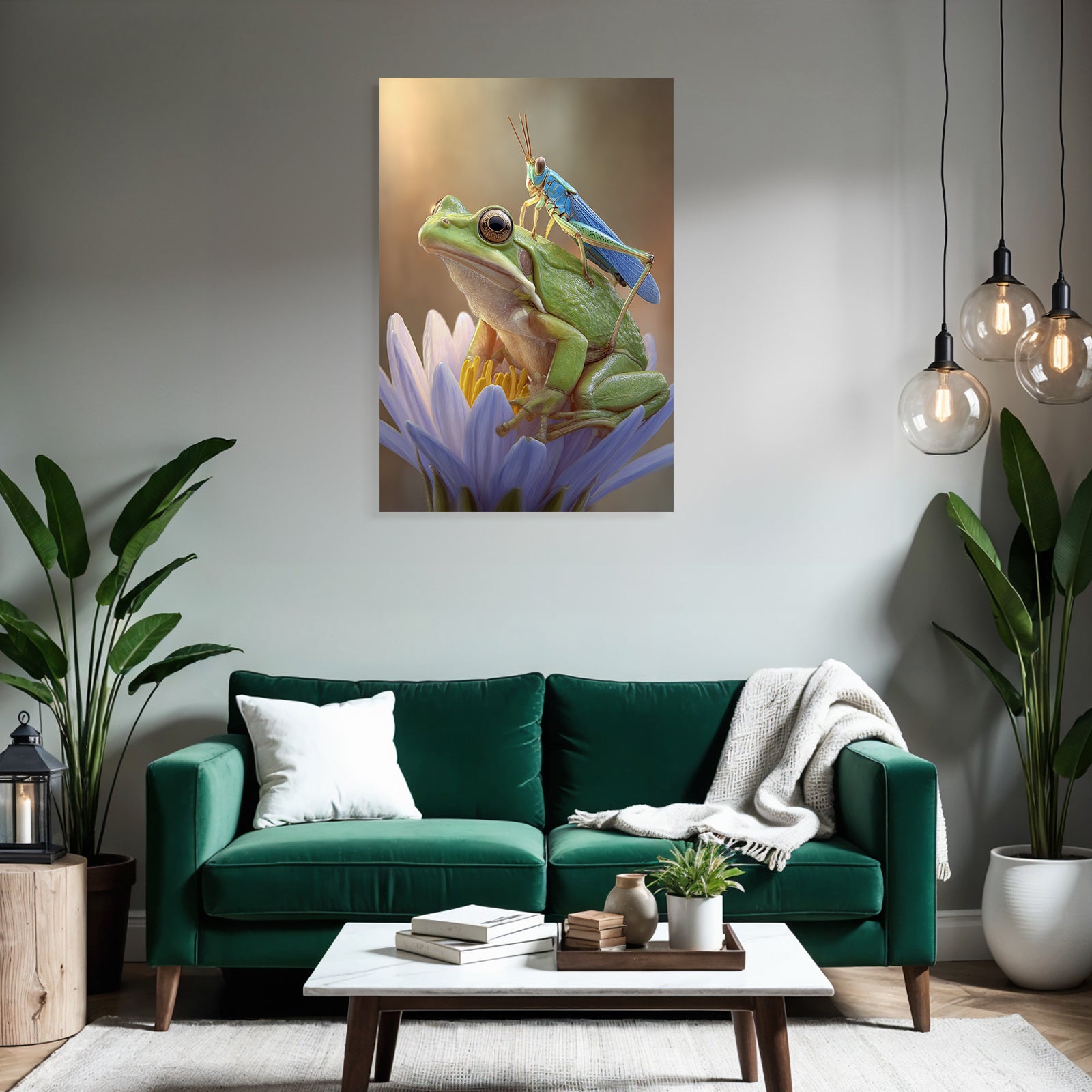 Nahaufnahme Grüner Frosch Mit Blaür Heuschrecke Auf Blume