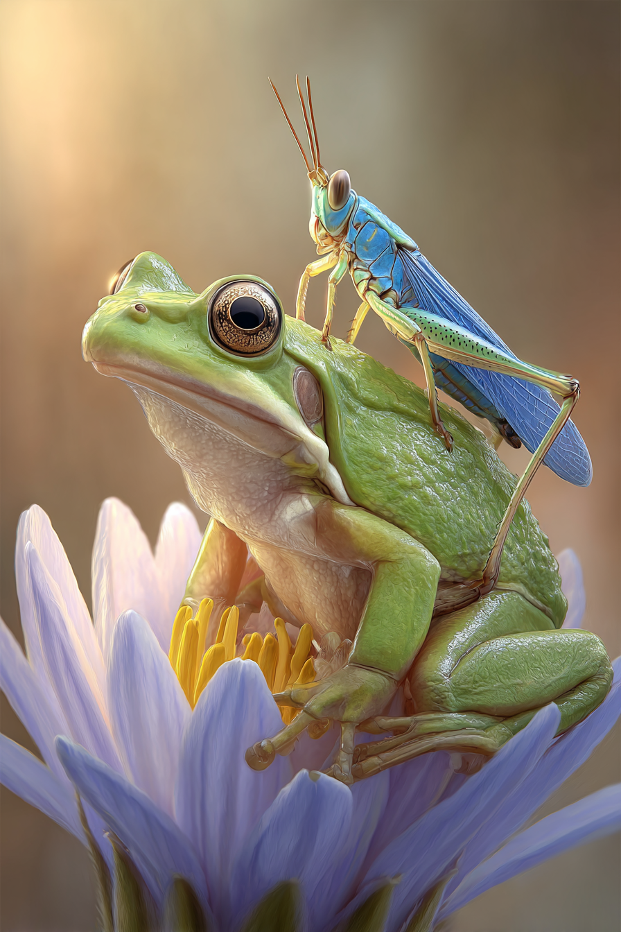 Nahaufnahme Grüner Frosch Mit Blaür Heuschrecke Auf Blume | Insekten und Amphibien | Tiere
