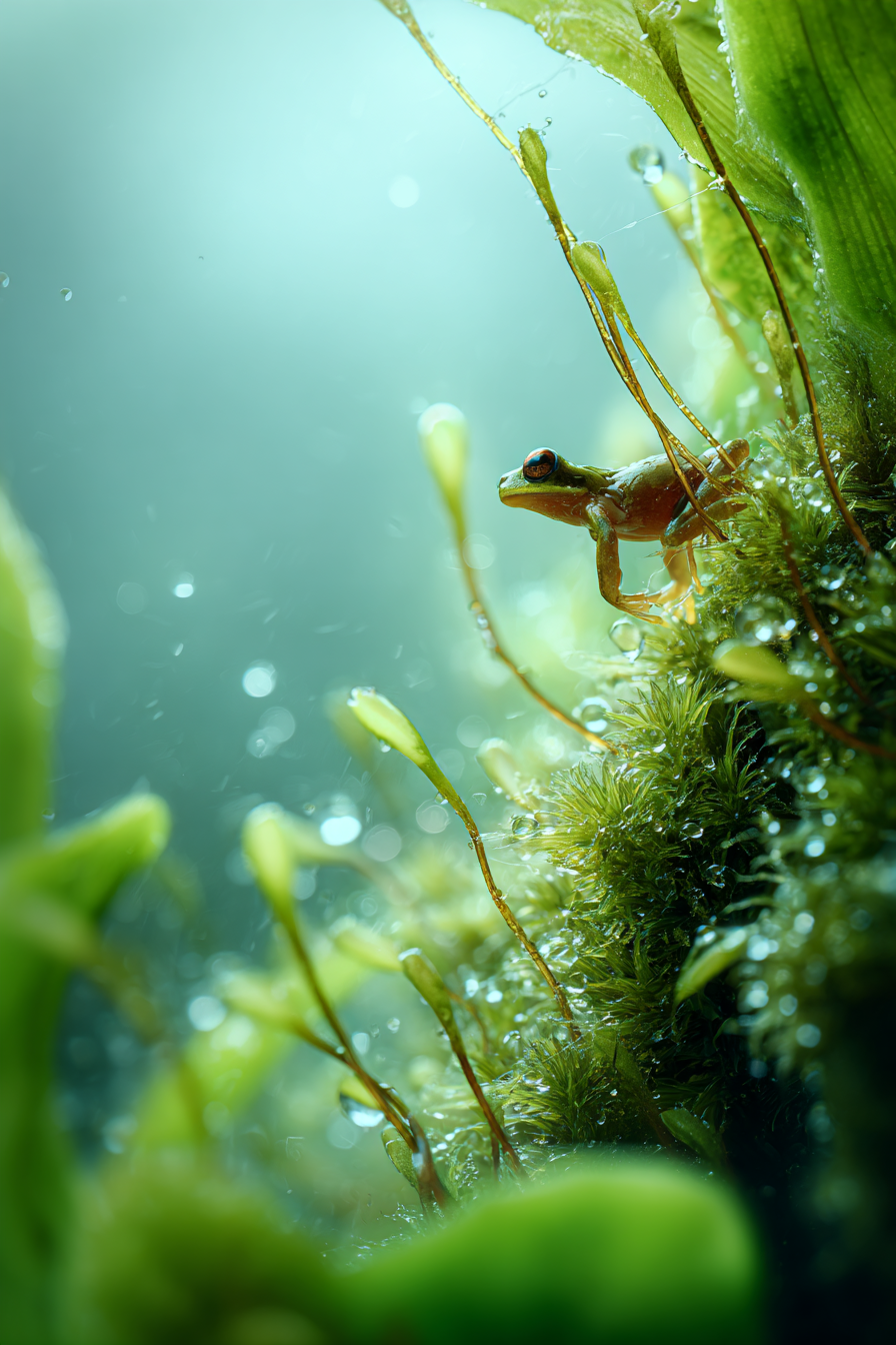 Nahaufnahme Kleiner Frosch Mit Wassertropfen Umgeben Von Grünen Pflanzen Und Moos | Insekten und Amphibien | Tiere