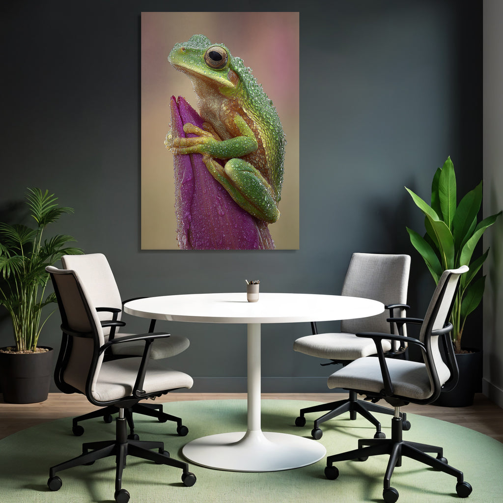 Naheaufnahme Eines Froschs Auf Einem Blutensblatt Mit Wassertropfen