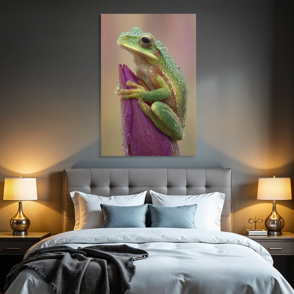 Naheaufnahme Eines Froschs Auf Einem Blutensblatt Mit Wassertropfen