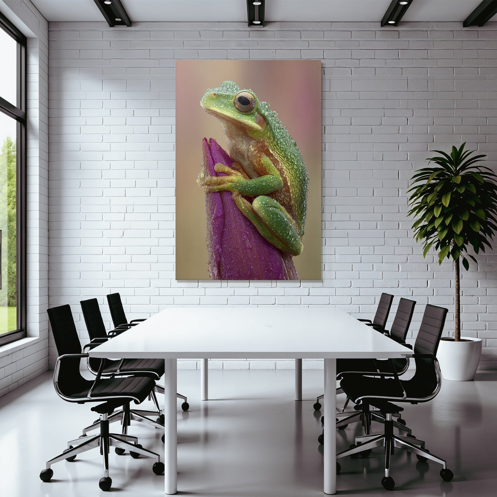 Naheaufnahme Eines Froschs Auf Einem Blutensblatt Mit Wassertropfen
