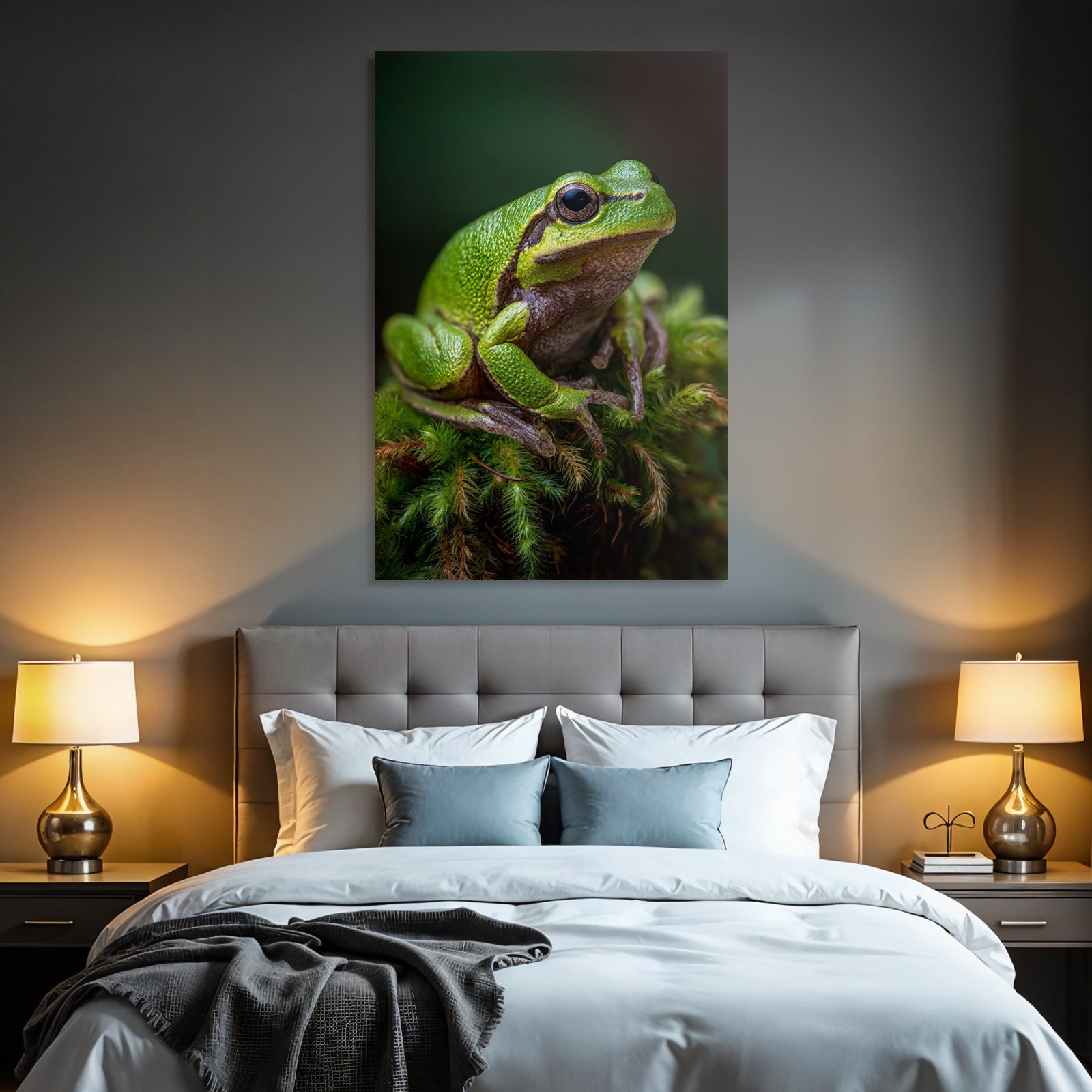 Naheaufnahme Eines Grünen Baumfrosches Auf Grünem Moos