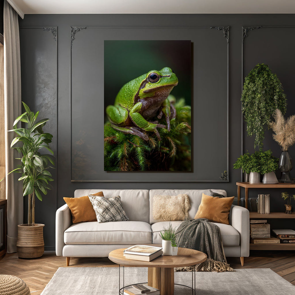 Naheaufnahme Eines Grünen Baumfrosches Auf Grünem Moos