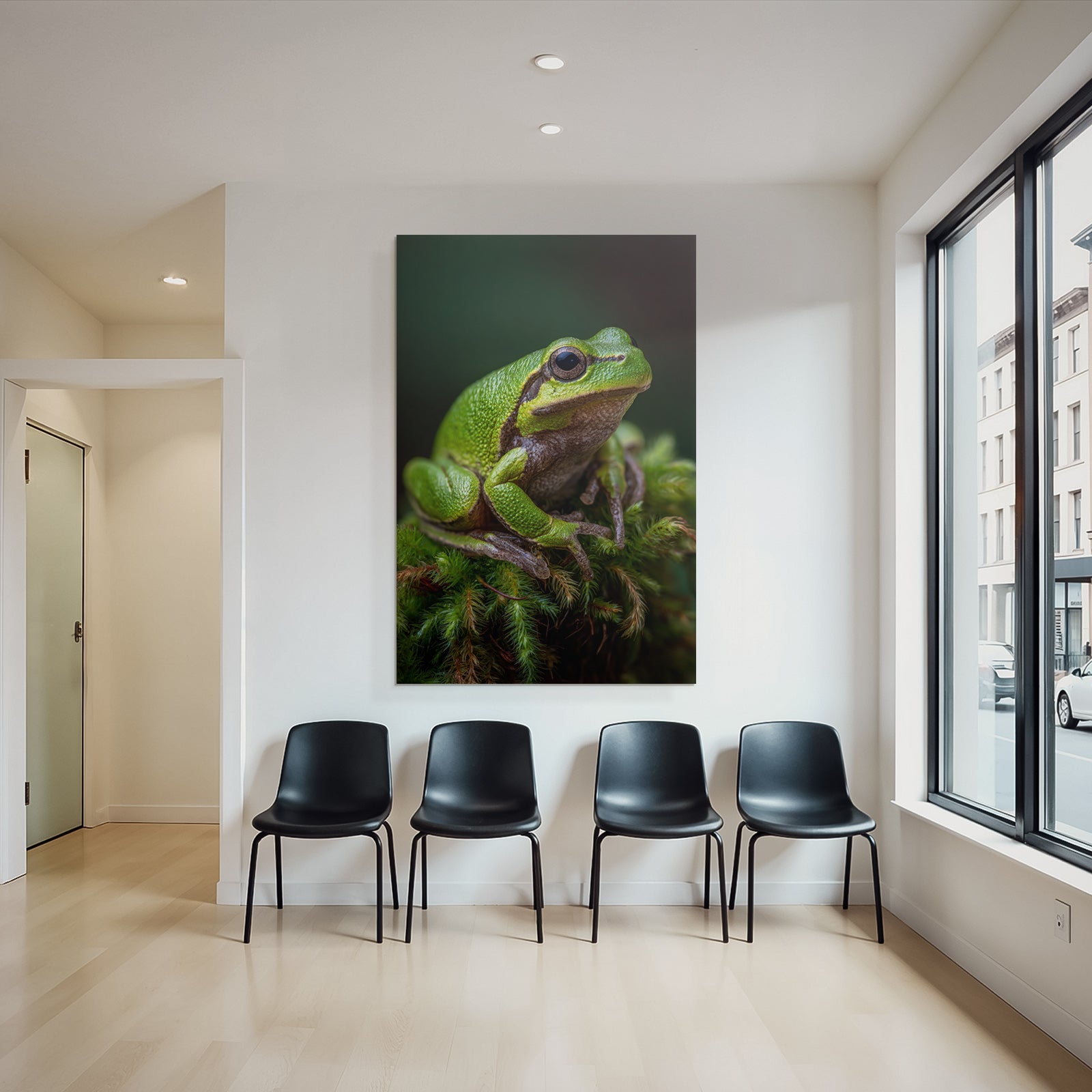 Naheaufnahme Eines Grünen Baumfrosches Auf Grünem Moos