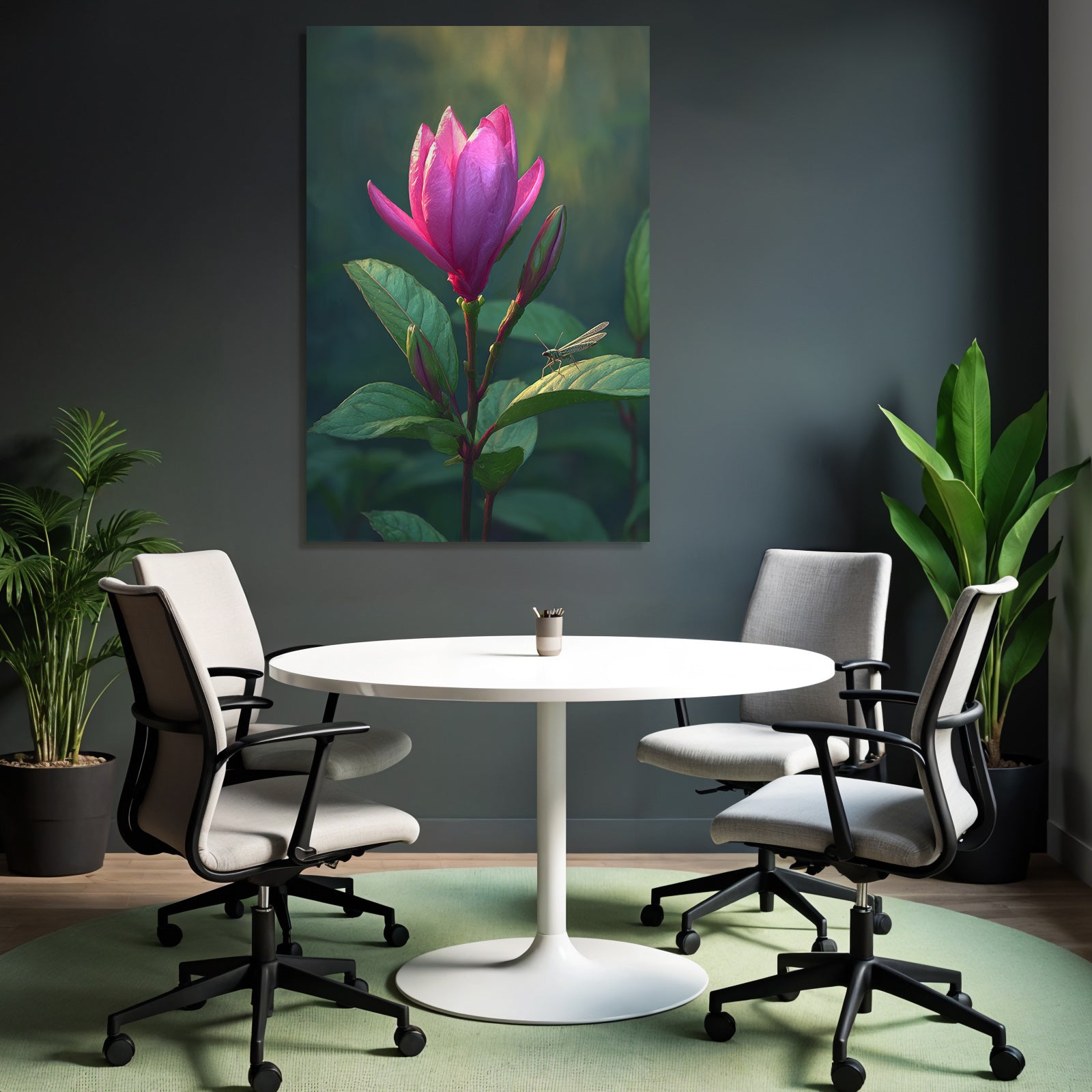 Rosa Blume Mit Grashupfer Auf Grunem Blatt Im Unscharfen Hintergrund