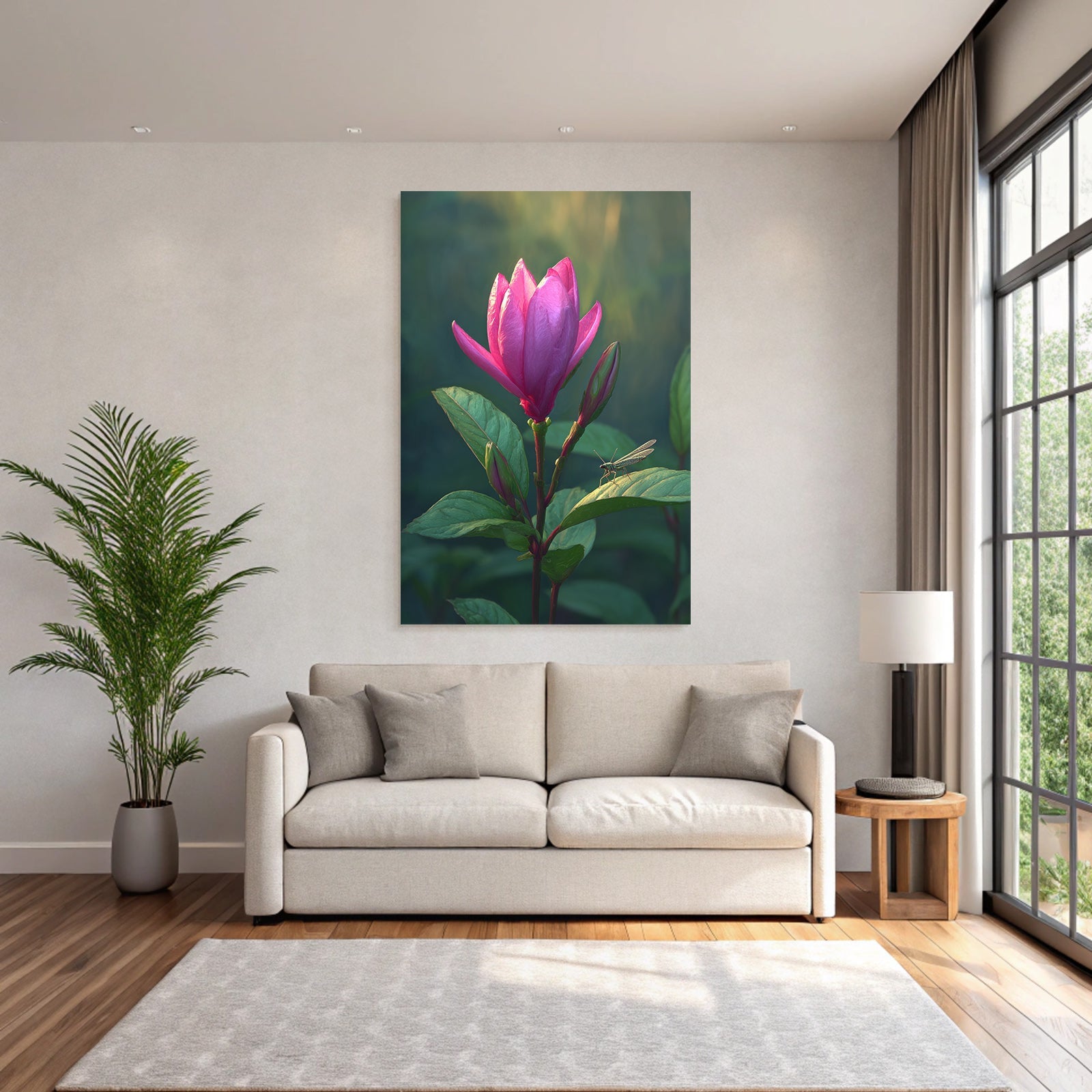 Rosa Blume Mit Grashupfer Auf Grunem Blatt Im Unscharfen Hintergrund
