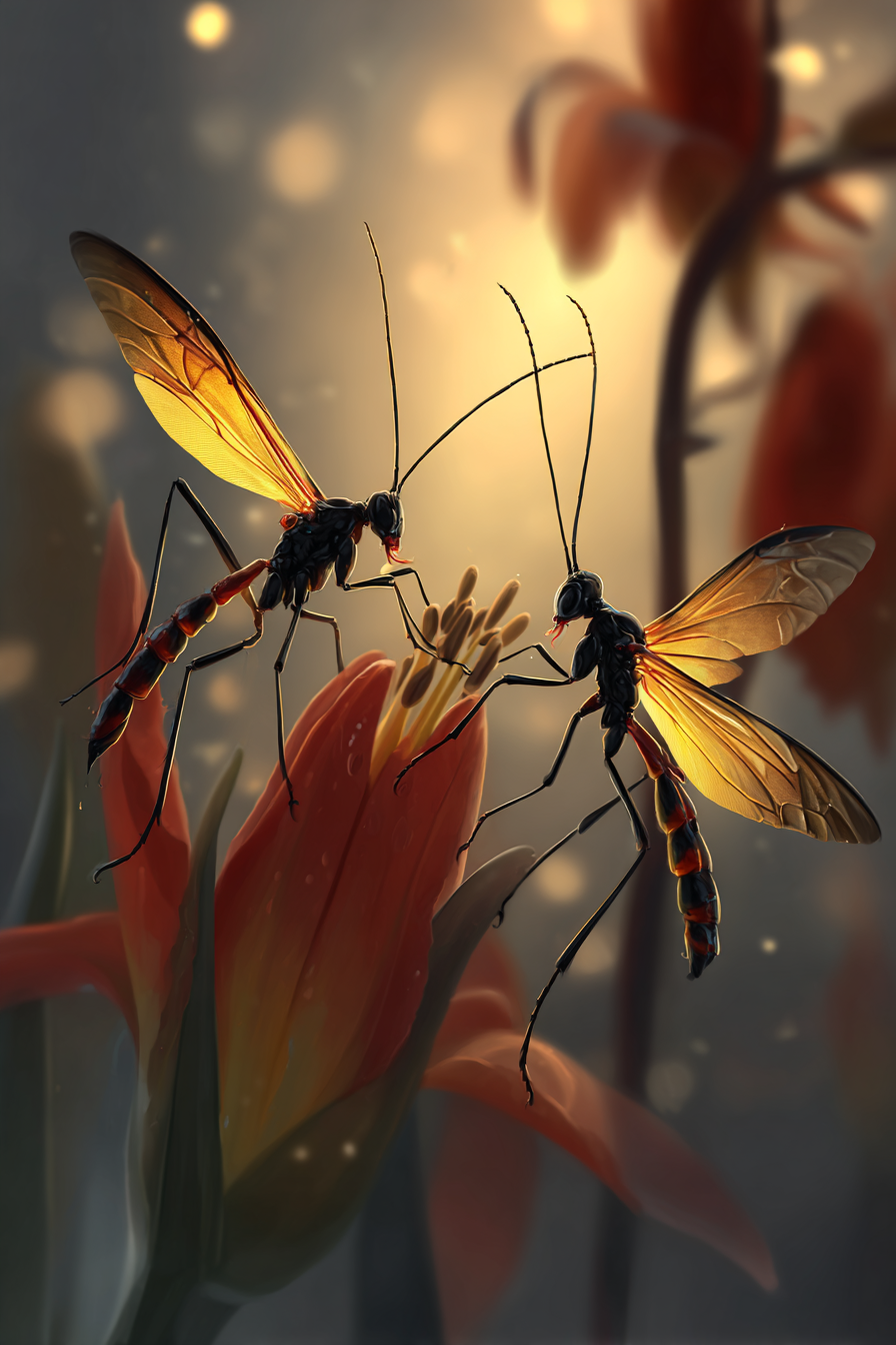 Zwei Insekten Mit Transparenten Flügeln Auf Leuchtend Roter Blume | Insekten und Amphibien | Tiere