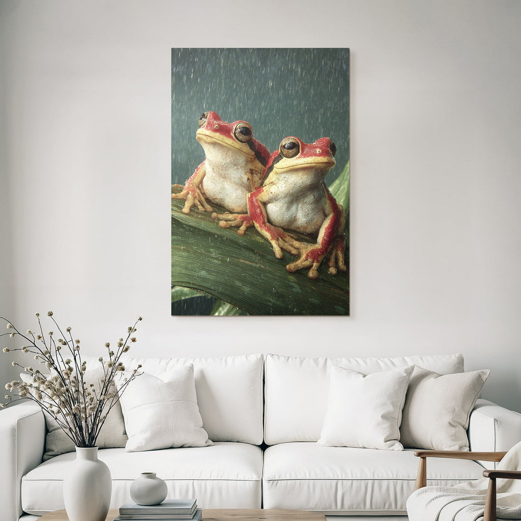 Two frogs on a leaf in the rain