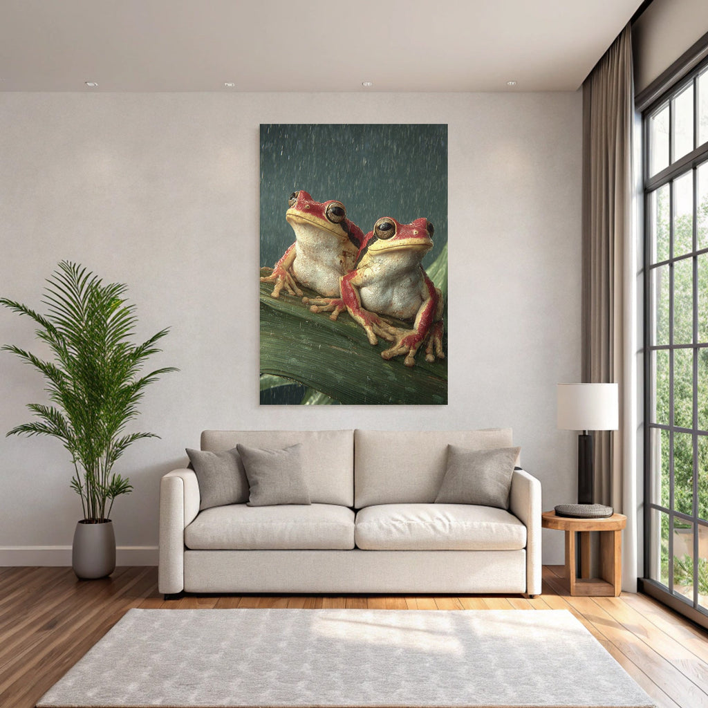 Two frogs on a leaf in the rain