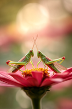 Zwei Grüne Heuschrecken Auf Leuchtender Blume Farbenfroher Umgebung | Insekten und Amphibien | Tiere