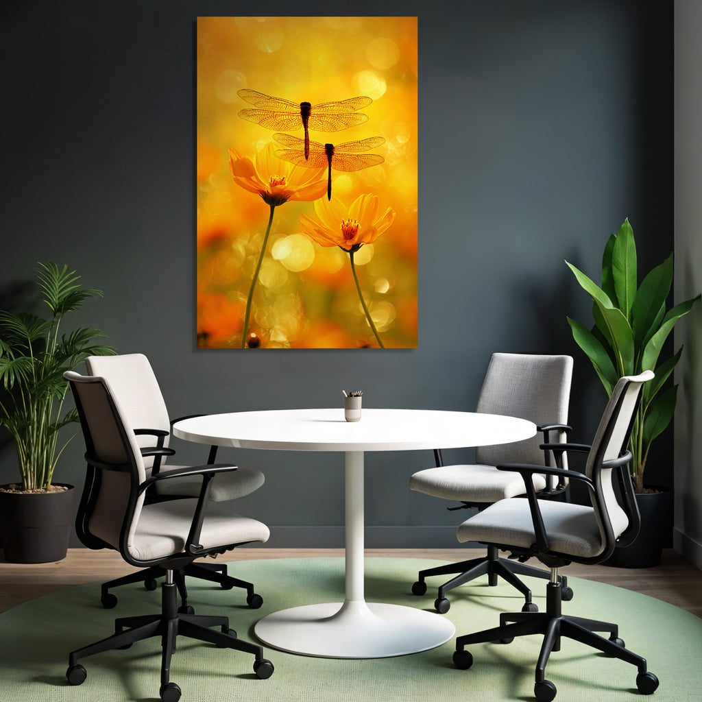 Zwei Libellen Auf Gelben Blumen Mit Warmem Orangen Hintergrund