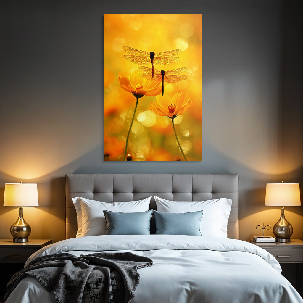 Zwei Libellen Auf Gelben Blumen Mit Warmem Orangen Hintergrund