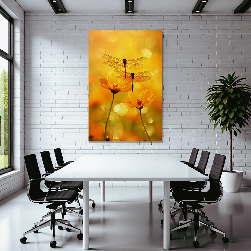 Zwei Libellen Auf Gelben Blumen Mit Warmem Orangen Hintergrund