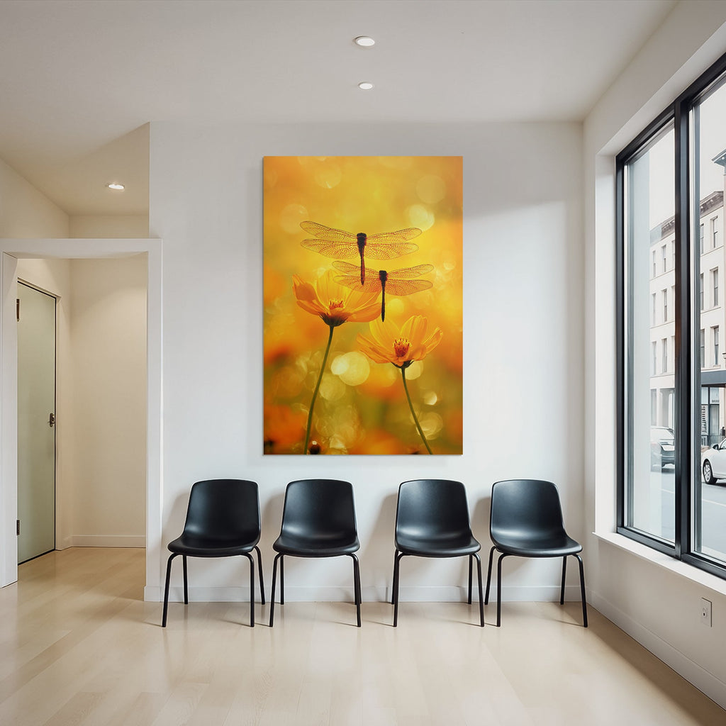 Zwei Libellen Auf Gelben Blumen Mit Warmem Orangen Hintergrund