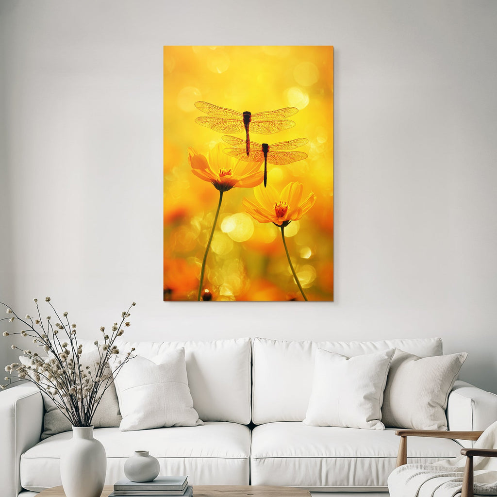 Zwei Libellen Auf Gelben Blumen Mit Warmem Orangen Hintergrund