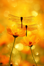 Zwei Libellen Auf Gelben Blumen Mit Warmem Orangen Hintergrund | Insekten und Amphibien | Tiere