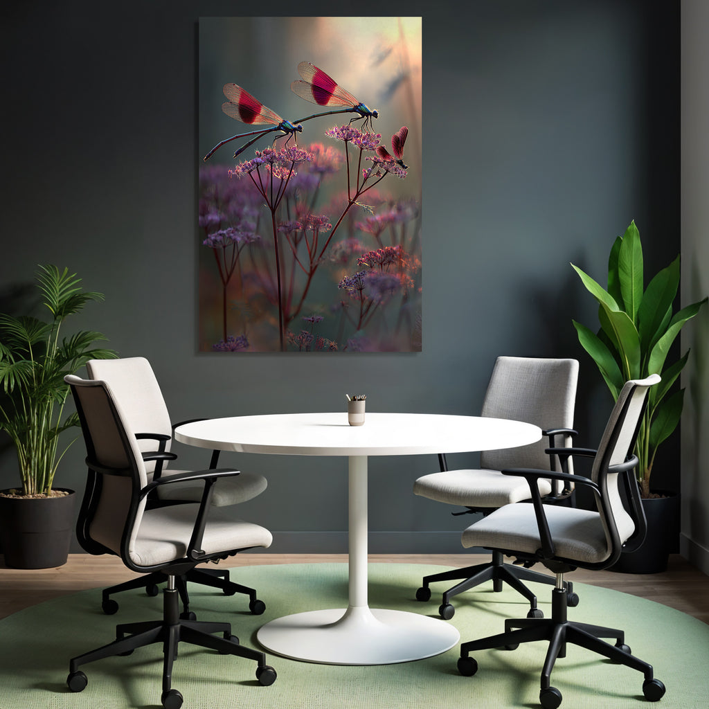Zwei Libellen Auf Zarten Blumen Im Traumhaften Hintergrund