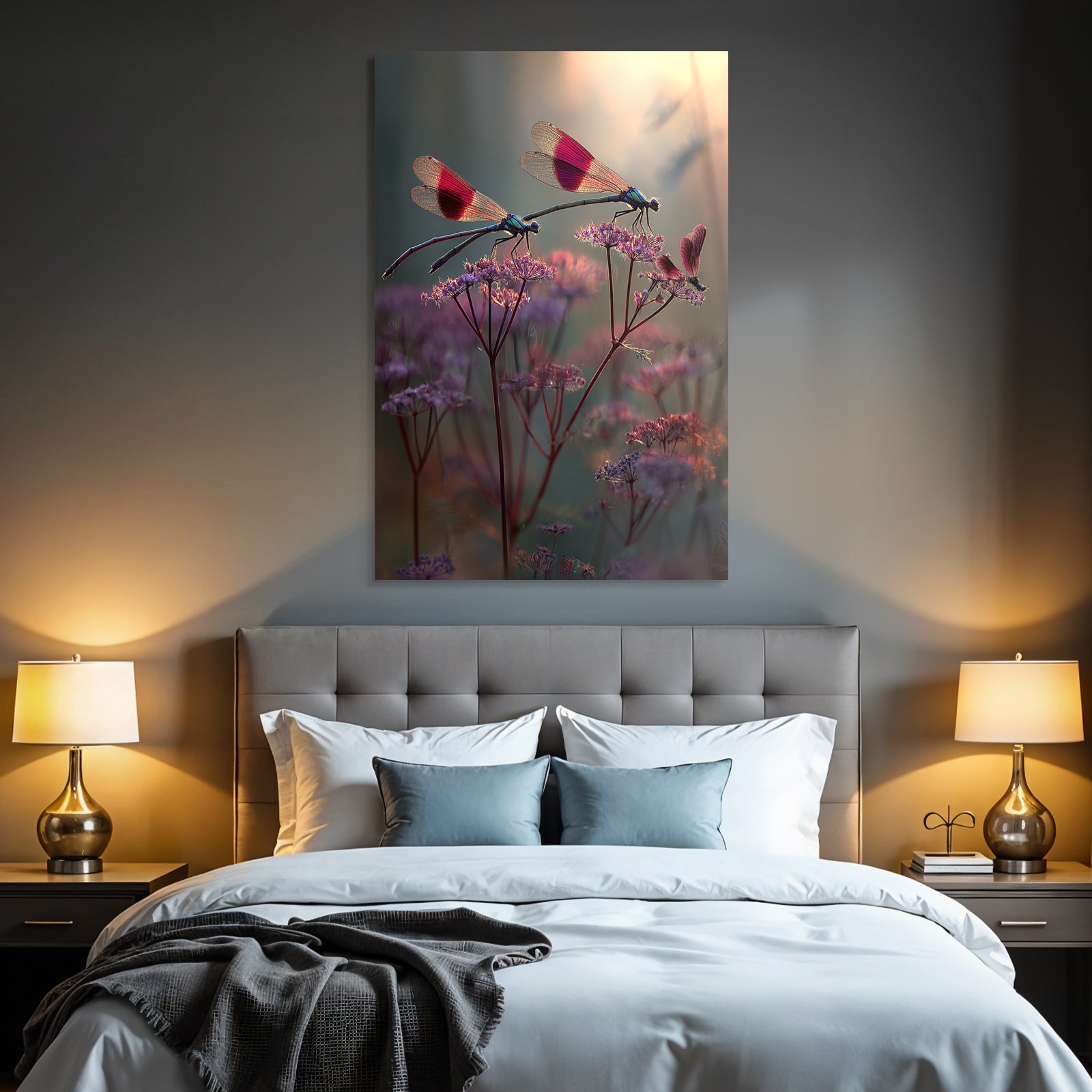Zwei Libellen Auf Zarten Blumen Im Traumhaften Hintergrund