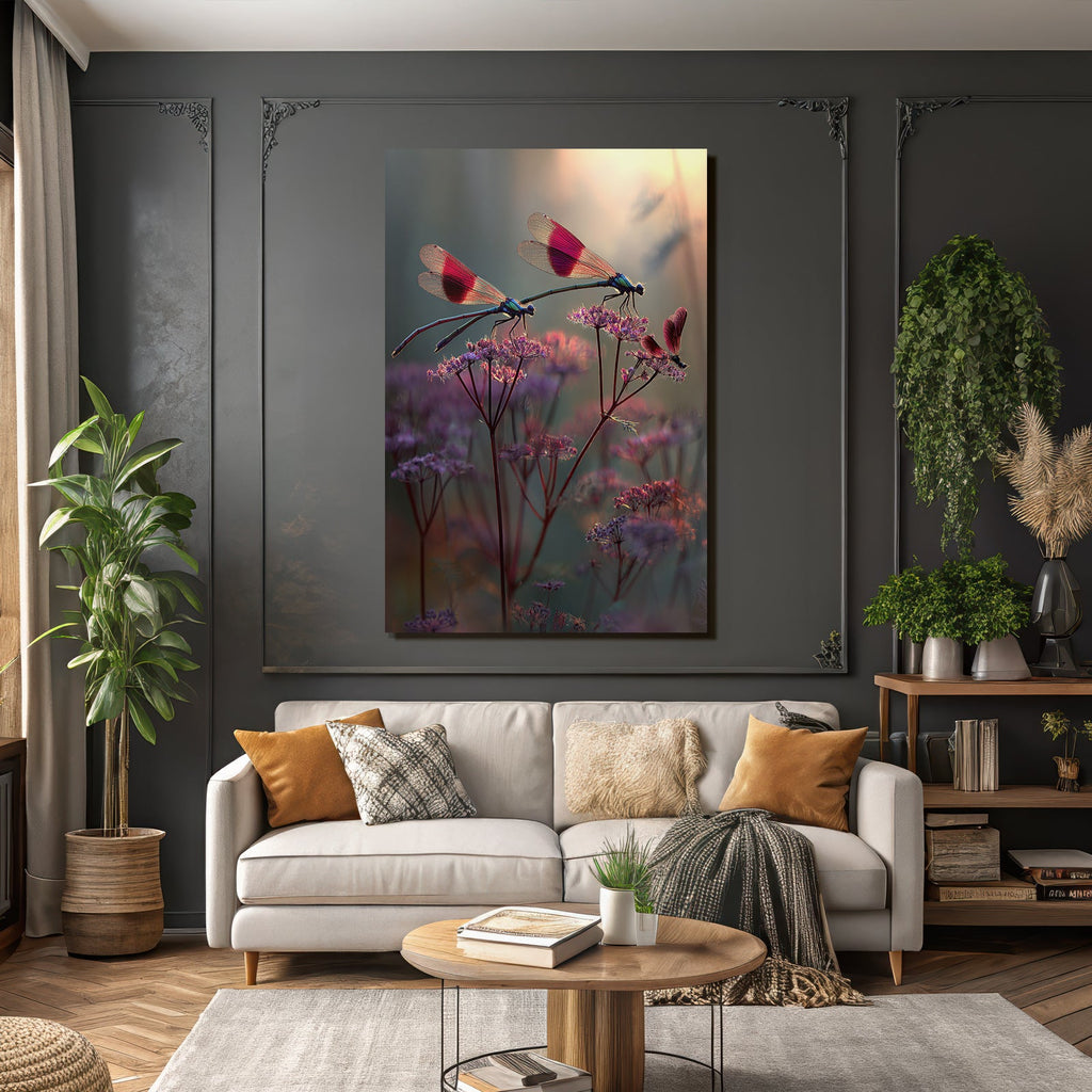 Zwei Libellen Auf Zarten Blumen Im Traumhaften Hintergrund