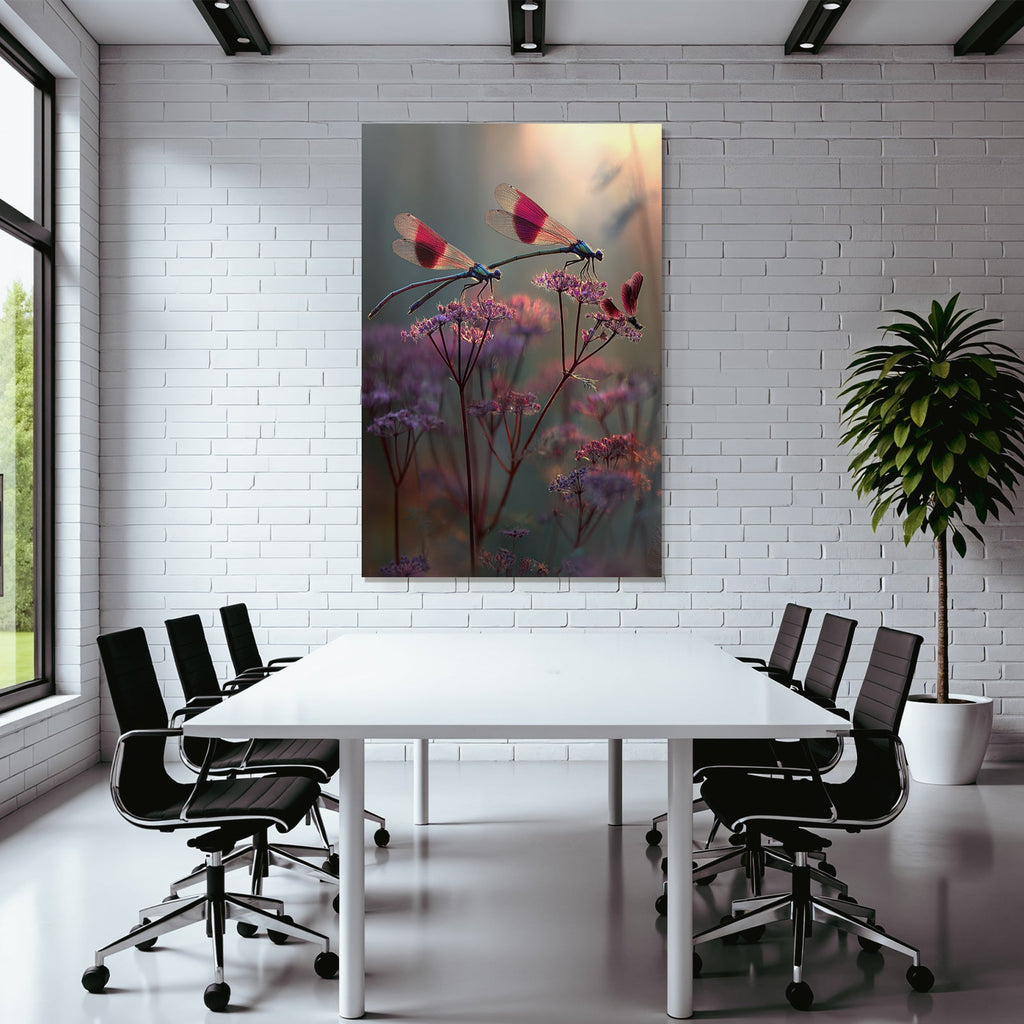 Zwei Libellen Auf Zarten Blumen Im Traumhaften Hintergrund
