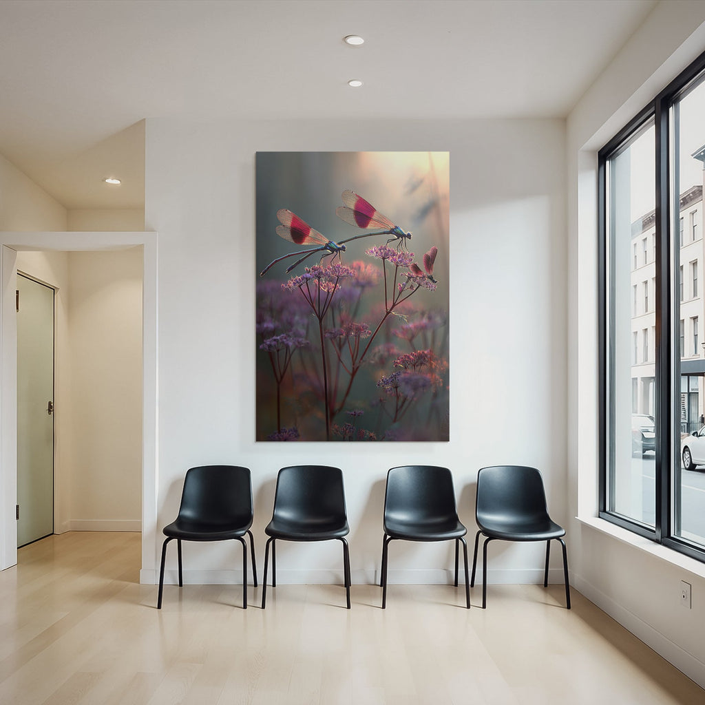 Zwei Libellen Auf Zarten Blumen Im Traumhaften Hintergrund