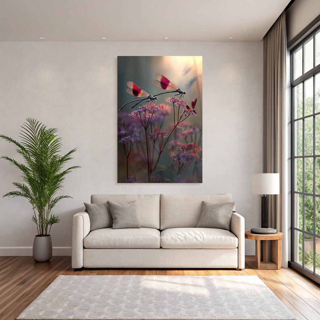 Zwei Libellen Auf Zarten Blumen Im Traumhaften Hintergrund