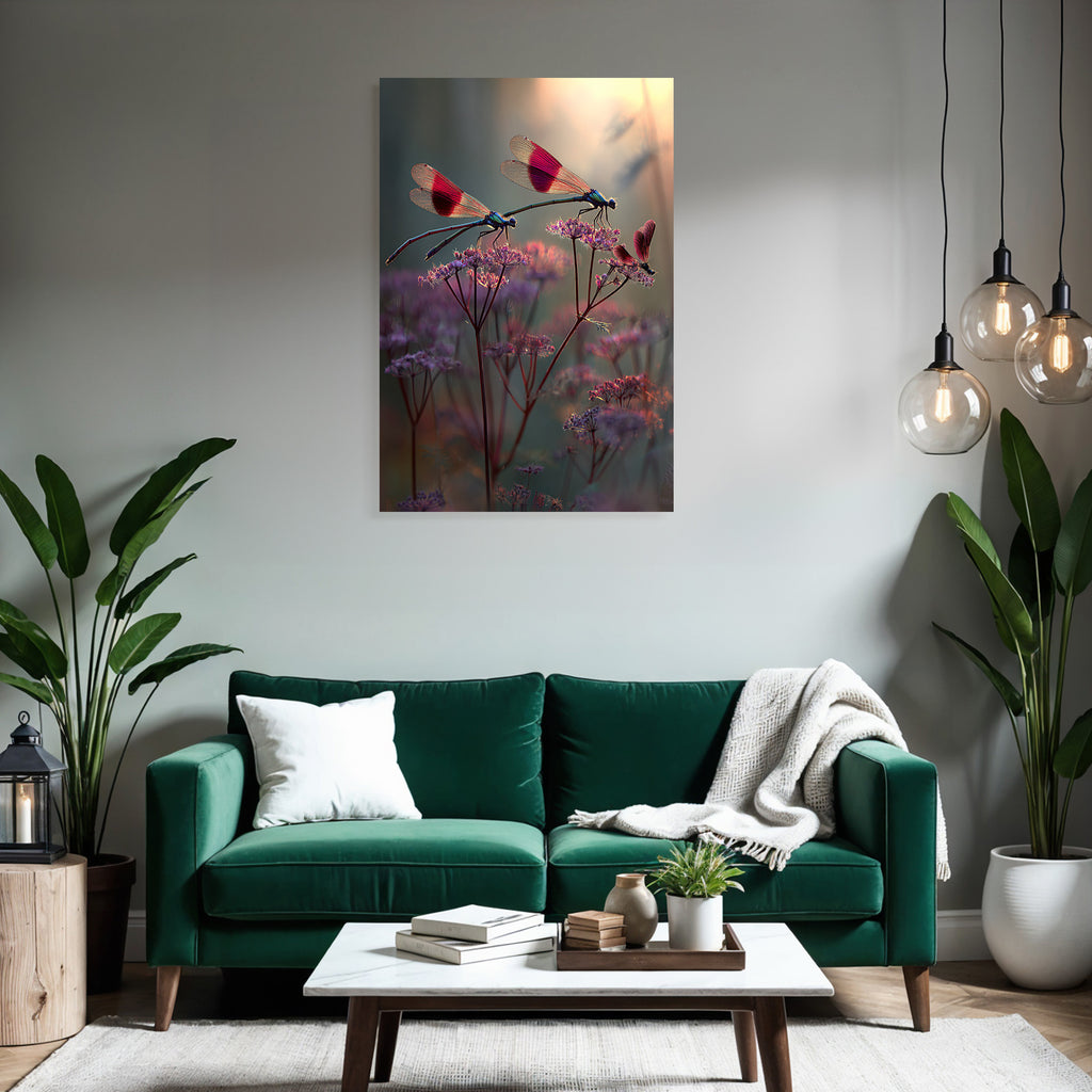 Zwei Libellen Auf Zarten Blumen Im Traumhaften Hintergrund