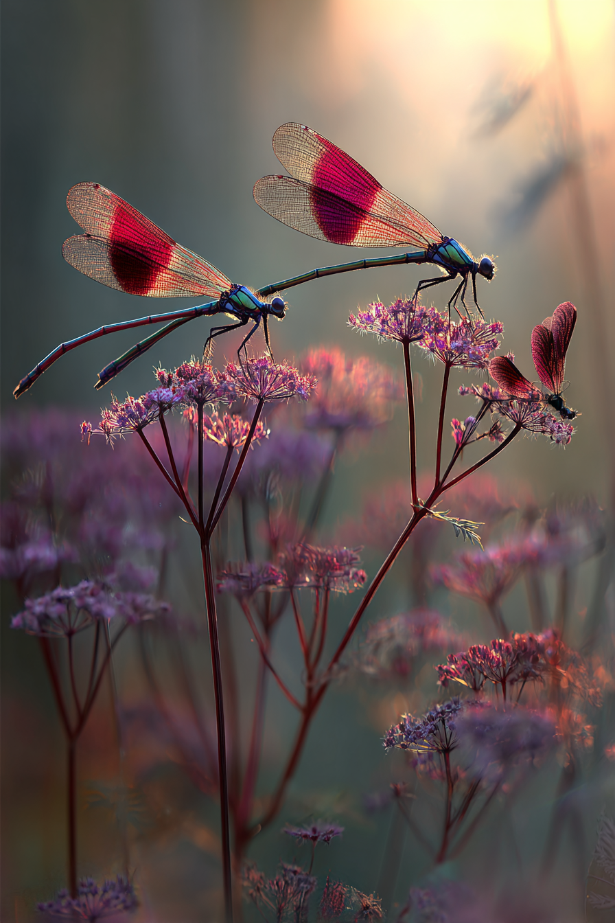 Zwei Libellen Auf Zarten Blumen Im Traumhaften Hintergrund | Insekten und Amphibien | Tiere