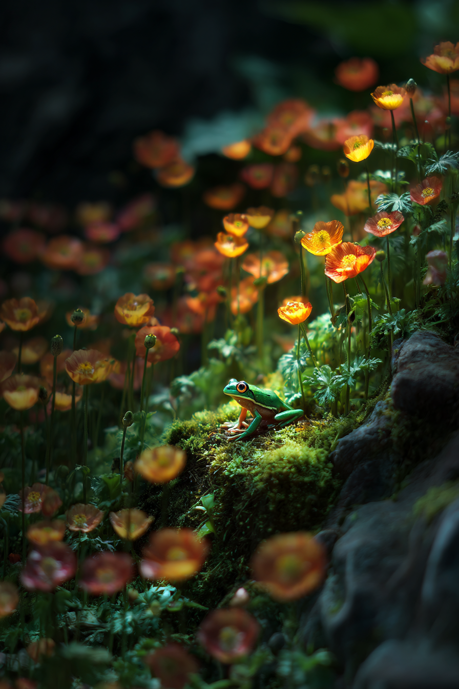 Grün Frosch Auf Moosbedecktem Felsen Umgeben Von Blühenden Orangen Blumen | Insekten und Amphibien | Tiere
