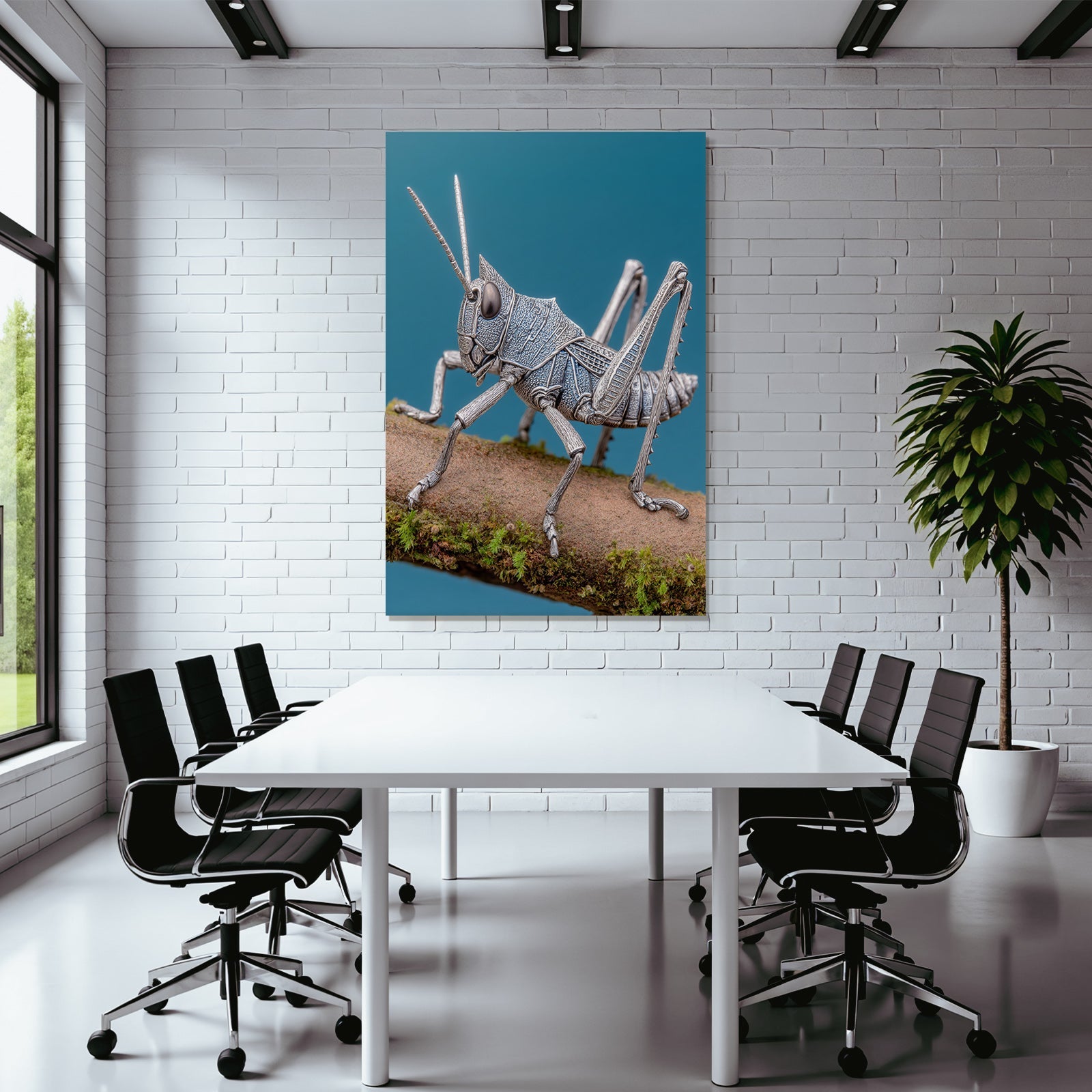 Hochdetaillierte Metallische Heuschrecke Auf Einem Zweig Hintergrund Blau