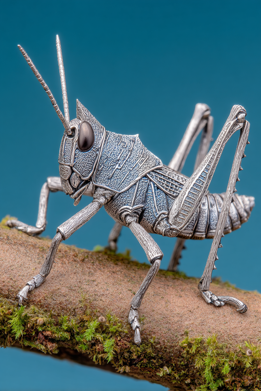 Hochdetaillierte Metallische Heuschrecke Auf Einem Zweig Hintergrund Blau | Insekten und Amphibien | Tiere