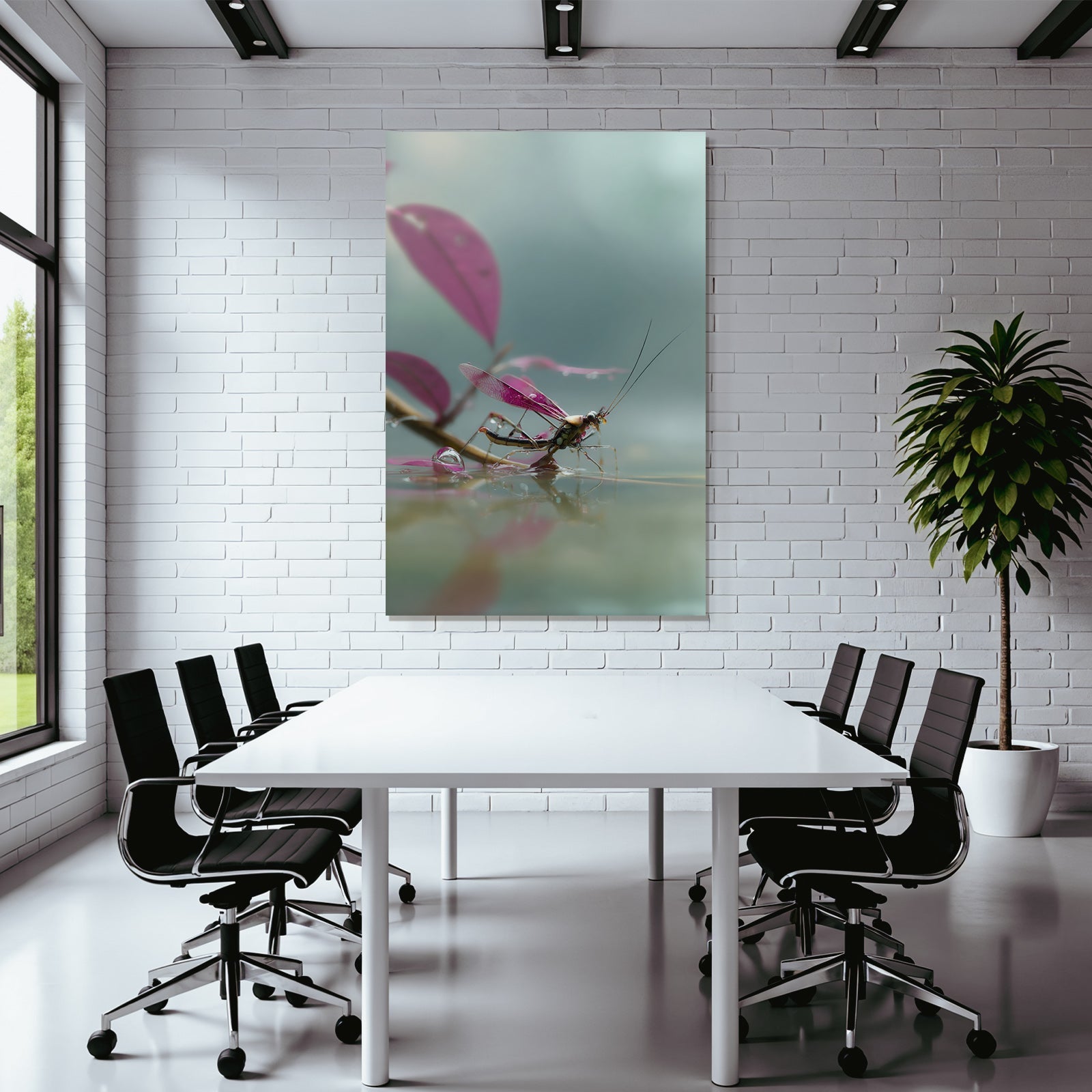 Nahaufnahme Libelle Am Ast Bei Wasser Mit Rosa Blatter