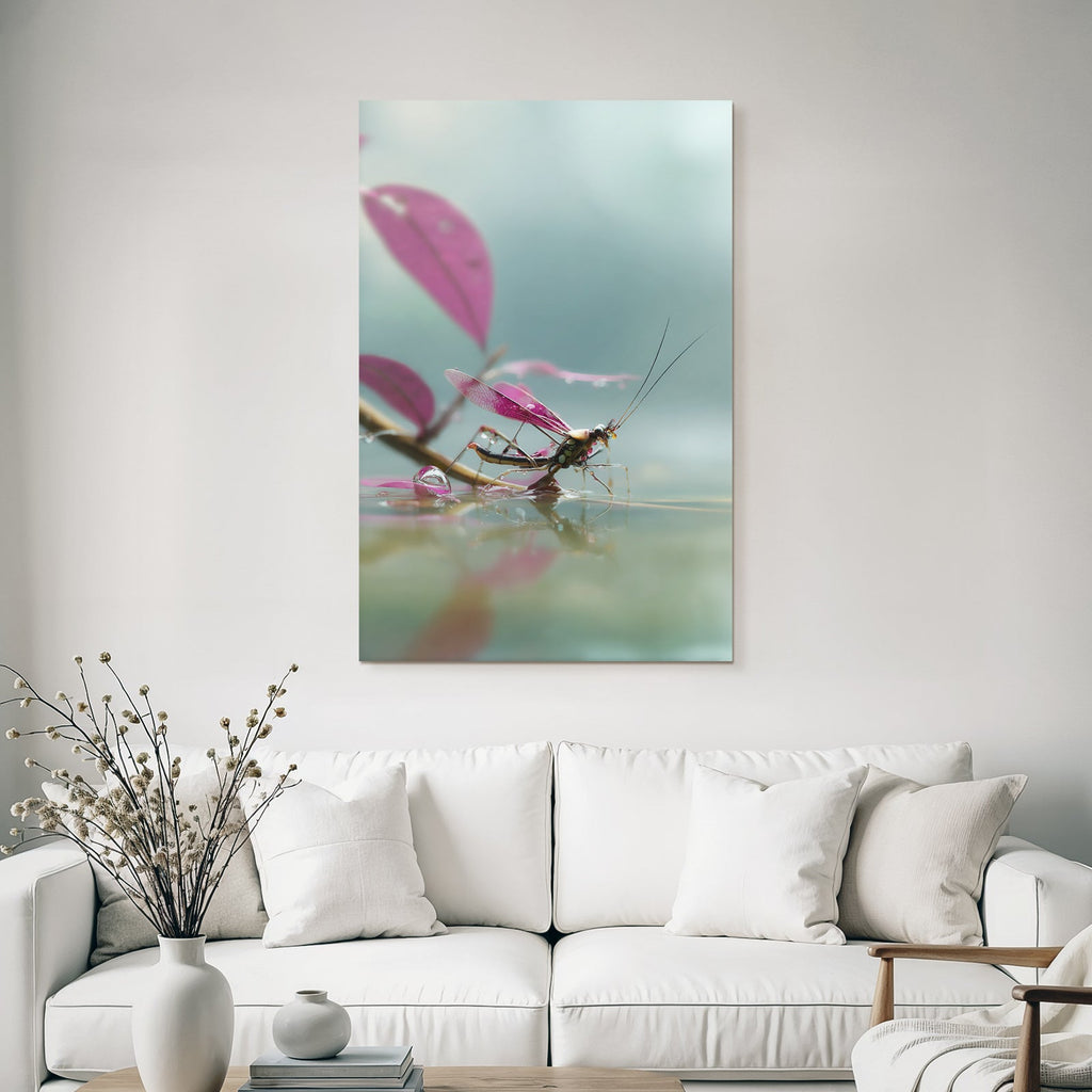 Nahaufnahme Libelle Am Ast Bei Wasser Mit Rosa Blatter