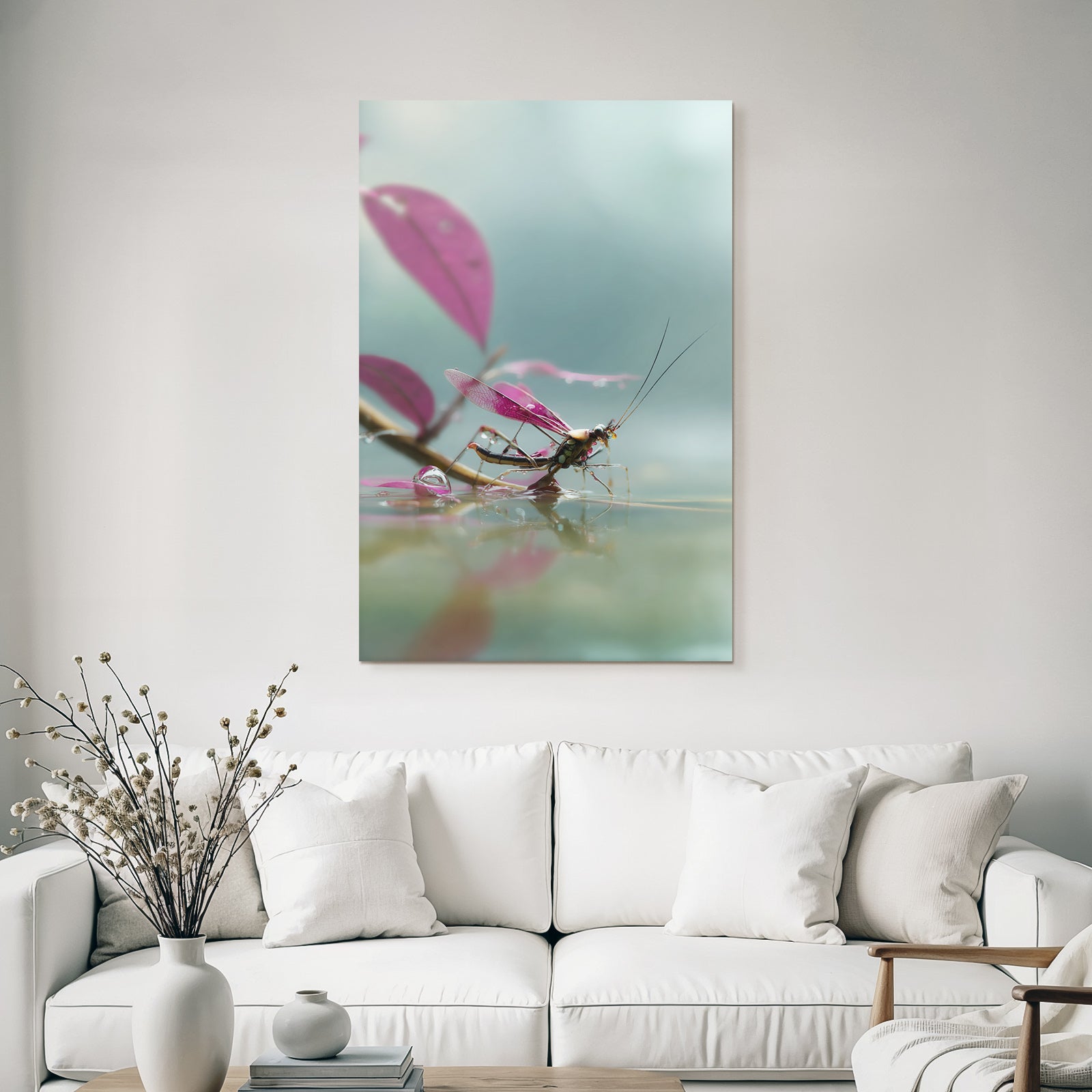 Nahaufnahme Libelle Am Ast Bei Wasser Mit Rosa Blatter