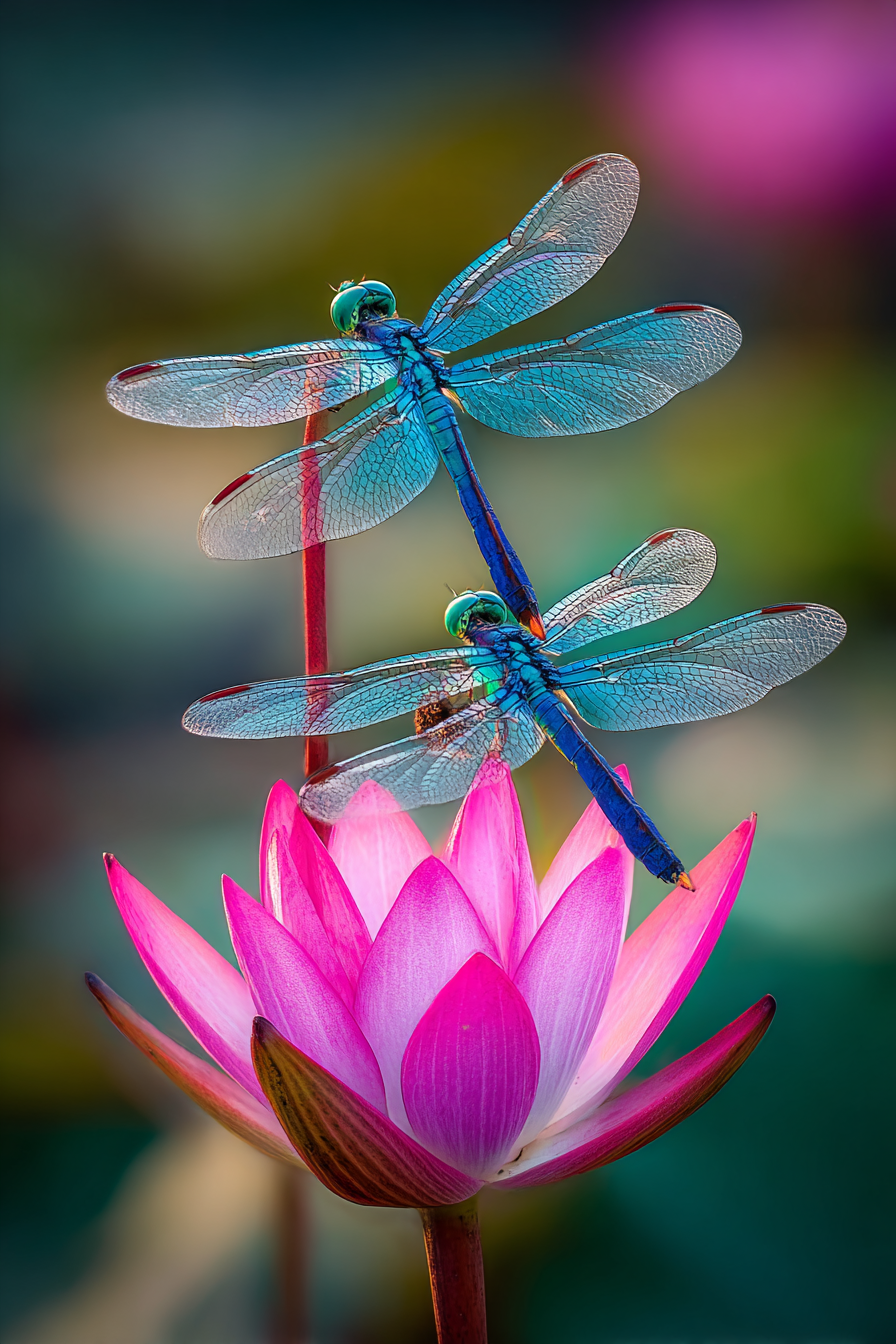 Zwei Libellen Auf Einer Pinken Lotusblume | Insekten und Amphibien | Tiere