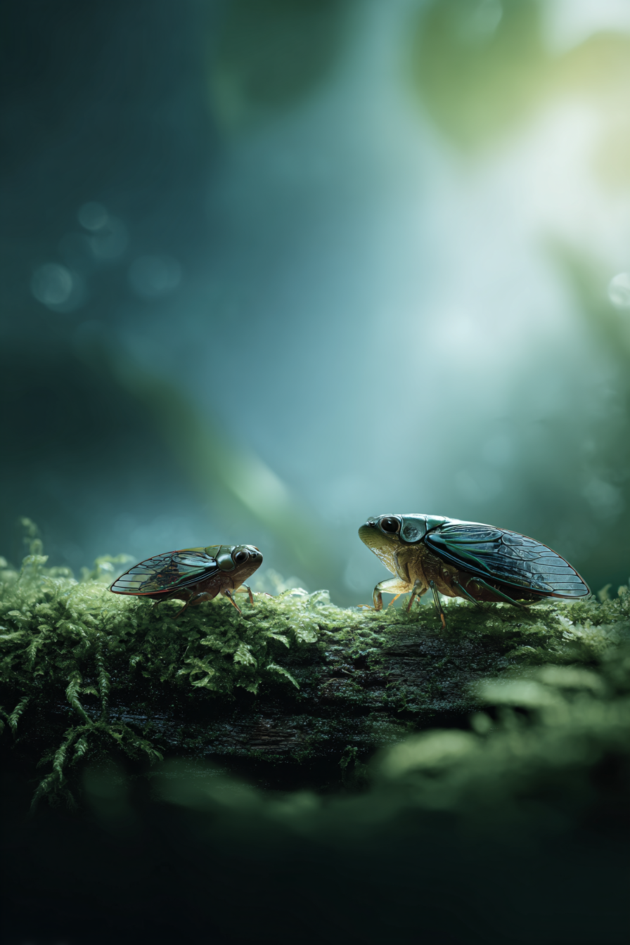 Zwei Zikaden Auf Einem Moosigen Stamm Im Wald | Insekten und Amphibien | Tiere