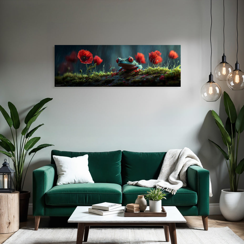 Bunter Frosch Zwischen Roten Mohnblumen Im Regen
